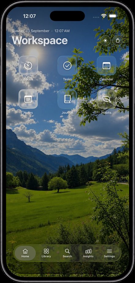 The Air home screen on iPhone: six tiles — Focus, Tasks, Calendar, Notes, Journal and Habits — floating over a photograph of a green alpine meadow, with a tab bar for Home, Library, Search, Insights and Settings.
